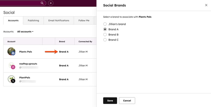 Social account settings, displaying the option to assign a social account to a specific brand.