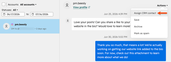 A sample Instagram message viewed from the social reply tab, displaying the message actions, such as assign to CRM contact, save, archive, and mark as spam.
