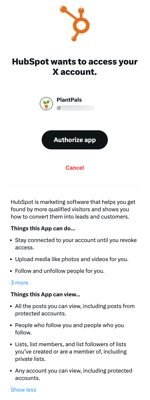 Screenshot of the authorization needed to connect an X account to HubSpot.