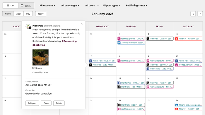 Social post calendar, showing scheduled posts for the month. One post is expanded to show the options to edit, clone, or delete.