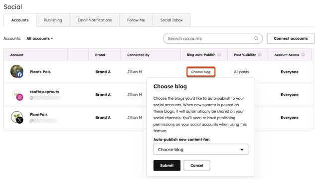 A screenshot of social account settings, displaying a dialog box to choose which blog to auto-publish new content for.