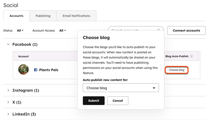 A screenshot of social account settings, displaying a dialog box to choose which blog to auto-publish new content for.