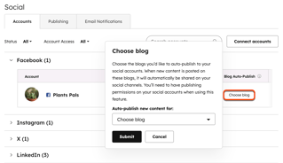 A screenshot of social account settings, displaying a dialog box to choose which blog to auto-publish new content for.