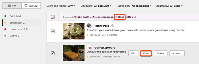 Screenshot of scheduled social posts, highlighting the option to clone the post.