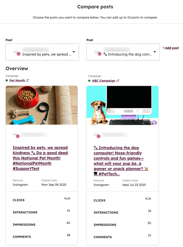 Screenshot of the “Compare posts” social post tool showing a side-by-side comparison of two Instagram posts, campaign names, and engagement metrics.