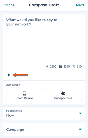 The HubSpot mobile app, displaying the social composer, highlighting the AI icon to generate social post content.