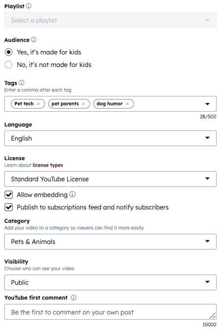 A screenshot of YouTube video settings, showing configurations for playlist, audience, tags, language, license, embedding, category, visibility, and YouTube first comment.