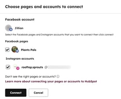 A screenshot of a social settings dialog box for selecting the Facebook or Instagram accounts to connect to HubSpot.