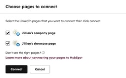 A screenshot of a dialog box to connect LinkedIn pages in your social settings.