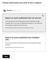 A screenshot of a dialog box for connecting a social X account, displaying the option to "Report on posts published from all sources" or "Report on posts published from HubSpot only".
