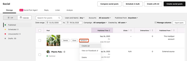 The social tool, displaying a drop-down menu for 'Actions' open next to a published social post. The menu options are 'Create ad', 'View on Facebook', and 'Delete'.