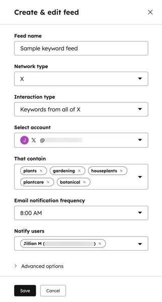 The social inbox, displaying the fields used to create and edit a keyword feed. These properties include the feed name, network type, interaction type, and more.