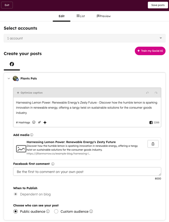 Facebookチャネルにブログ記事を公開するためのソーシャルメディアコンポーザー。