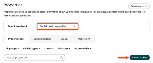 Social post property settings with the Social post properties object selected and Create property button highlighted.