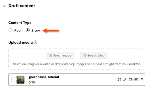 The social composer, highlighting the option to create a Facebook story in the Content Type field.