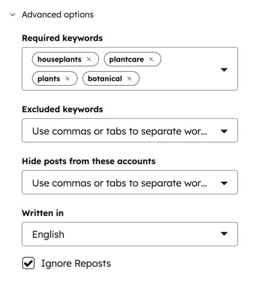Advanced options section for a social keyword feed, showing fields for Required keywords, Excluded keywords, accounts to hide posts from, and language.
