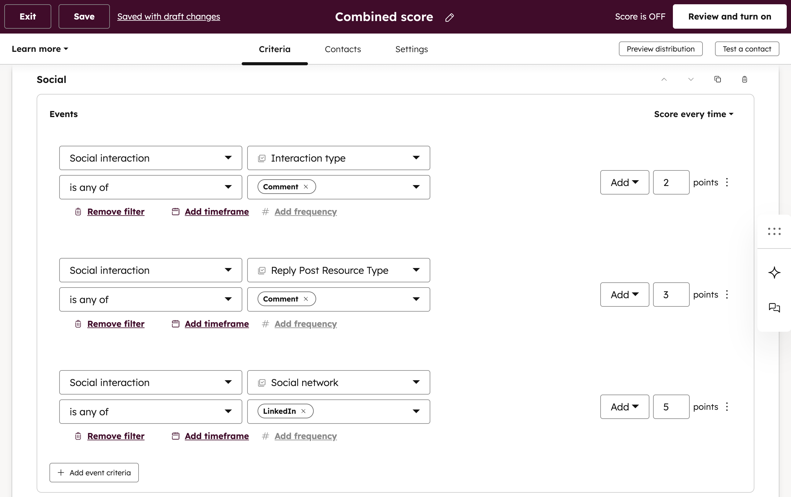 A screenshot of the lead scoring editor, showing three criteria based on 'Social interaction' events, with different point values assigned for comment, reply post resource type, and LinkedIn social network.