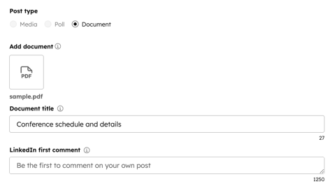 Social composer, showing option to create a LinkedIn document post.