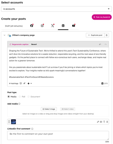 Social composer, showing option to create a LinkedIn media post.
