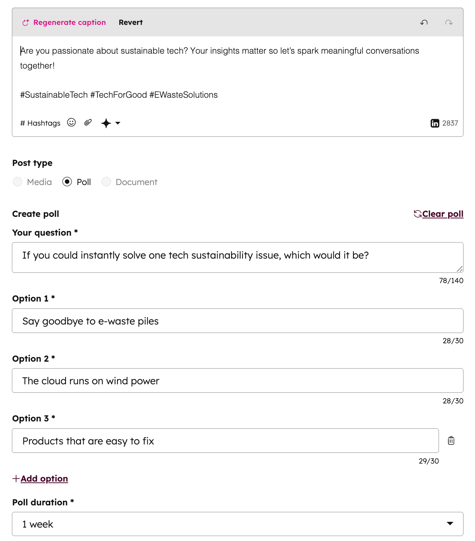 Social composer, showing option to create a LinkedIn poll.