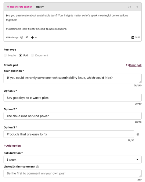 Social composer, showing option to create a LinkedIn poll.