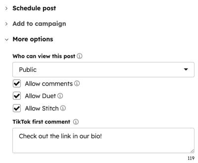 The social composer showing More options expanded, with Allow comments, Allow Duet, and Allow Stitch selected, and a TikTok first comment text field.