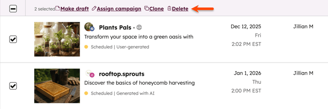 Social post table, highlighting the option to delete posts.