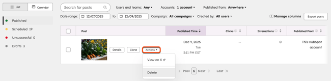 A published social post, highlighting the option to delete the post.