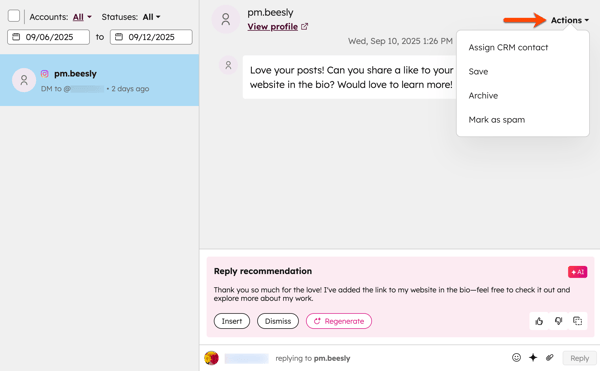 A sample Instagram message viewed from the social reply tab, displaying the message actions, such as assign to CRM contact, save, archive, and mark as spam.