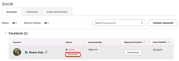 Social accounts settings, highlighting the option to disconnect a social account from HubSpot.