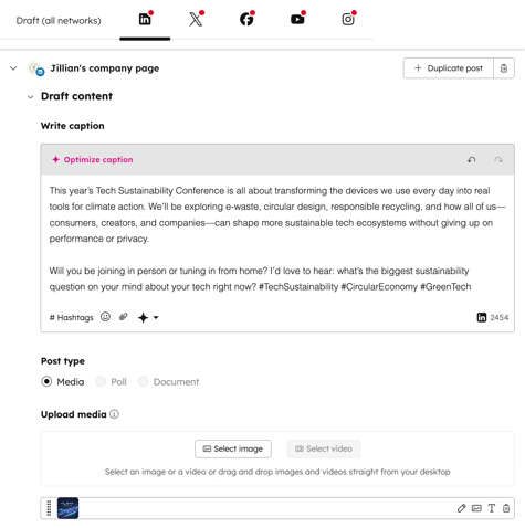 Social composer, showing option to create a LinkedIn media post.