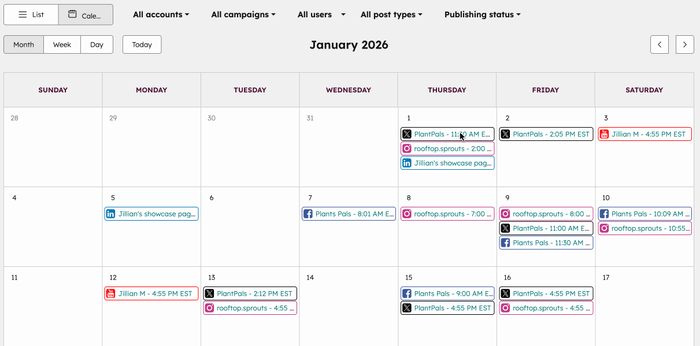 A gif displaying how to drag and drop a social post to reschedule it on the social calendar.