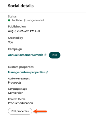 Social details panel with custom social post properties, highlighting the Edit properties button.