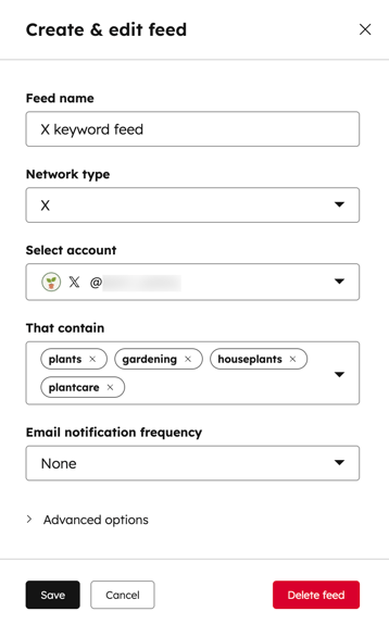 “Create &amp; edit feed" dialog box showing settings for a keyword feed.