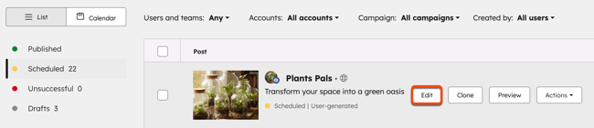 Screenshot of a scheduled social post, highlighting the option to edit the post.