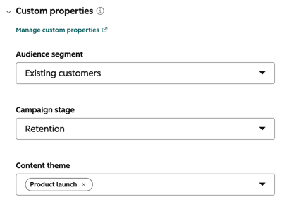 Custom properties section in the social composer with values selected for three custom social post properties.