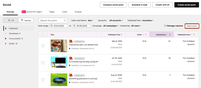 Screenshot der Registerkarte "Social Media" mit einer Liste veröffentlichter Social-Media-Beiträge. Die Schaltfläche "Beiträge exportieren" in der oberen rechten Ecke der Tabelle ist hervorgehoben.