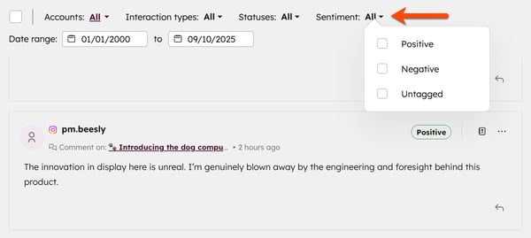 The social inbox, displaying the sentiment dropdown menu, with the option to filter by Positive, Negative, and Untagged sentiments.