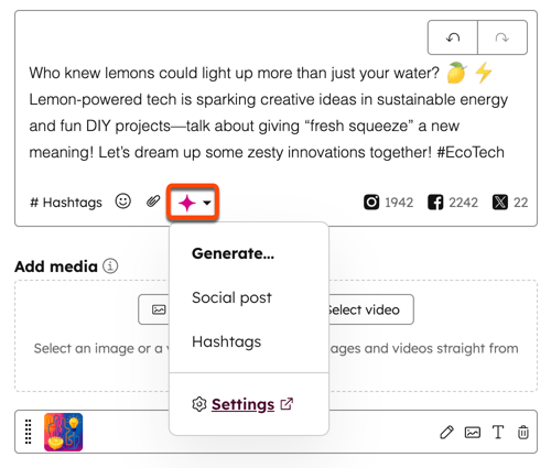 A screenshot of the social composer. Below the text box, a purple and pink icon with a star is highlighted with an orange border. A dropdown menu is open below the icon with the options to 'Generate…', 'Social post,' 'Hashtags,' and 'Settings.'"
