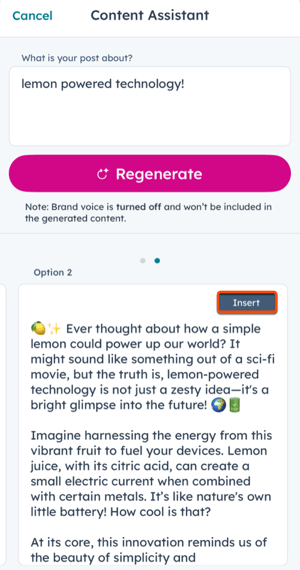 The HubSpot mobile app, displaying the social composer, highlighting the option to insert AI generated content.
