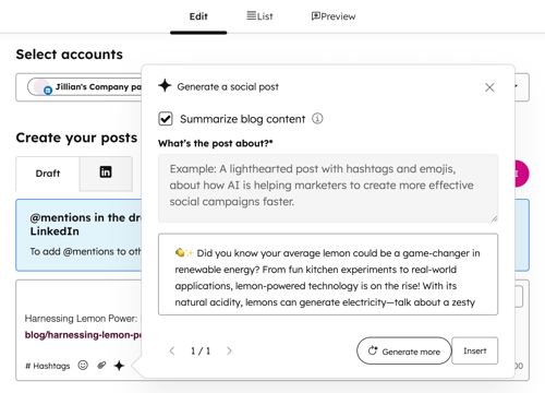 A screenshot of the social composer in HubSpot. A dialog box titled 'Generate a social post' is open, displaying a generated social media post about using lemons for renewable energy. The post is shown in a preview box. Below it, there are 'Generate more' and 'Insert' buttons