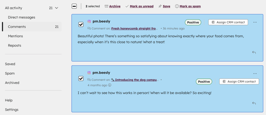 The social reply tool, showing the option to bulk select comments and highlighting the bulk actions to archive, mark as read, save, or mark as spam.