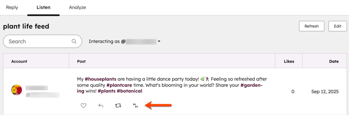 The social listen tab, displaying a keyword feed, highlighting the social post actions to like, reply, repost, or quote the social post in the feed.