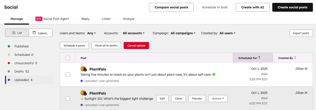 A screenshot of the social manage tab, showing a list of posts that have been bulk uploaded. The post list includes options to schedule posts, move all to drafts, and cancel upload.
