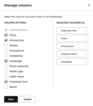"Manage columns" dialog box showing options to select or deselect columns for a dashboard.