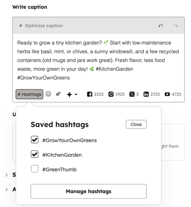 Social composer showing options to save and manage hashtags.