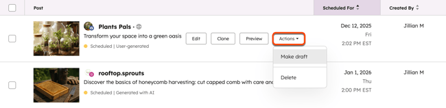 A scheduled social post, highlighting the option to turn a scheduled post into a draft post.