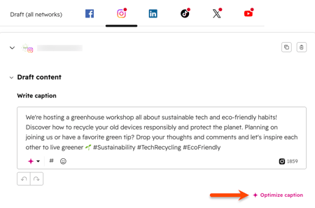 L’outil de rédaction pour les réseaux sociaux, montrant l’option d’optimisation de la légende de votre post sur les réseaux sociaux.