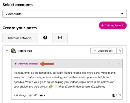 El Creador de contenido para redes sociales, que muestra la opción de optimizar el pie de foto de tus publicaciones en redes sociales.
