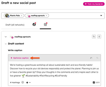O redator social, mostrando a opção para otimizar sua legenda social.